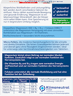 Magnesium 400 + Vitamine B6 + B12 + Folsäure Direktgranulat 20 St. Doppelherz