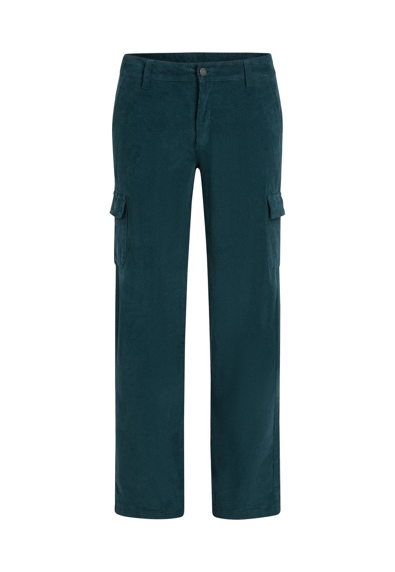 Türkise Cargo-Shorts aus geripptem Stoff, mit Knopfverschluss, seitlichen Taschen und einem lässigen, geraden Bein-Design.