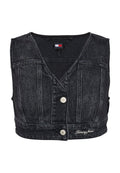 Schwarze Denim-Croppd-Weste mit V-Ausschnitt, ausgestattet mit einer Knopfleiste vorne und einem gesteppten Muster. Logodetail am Saum.