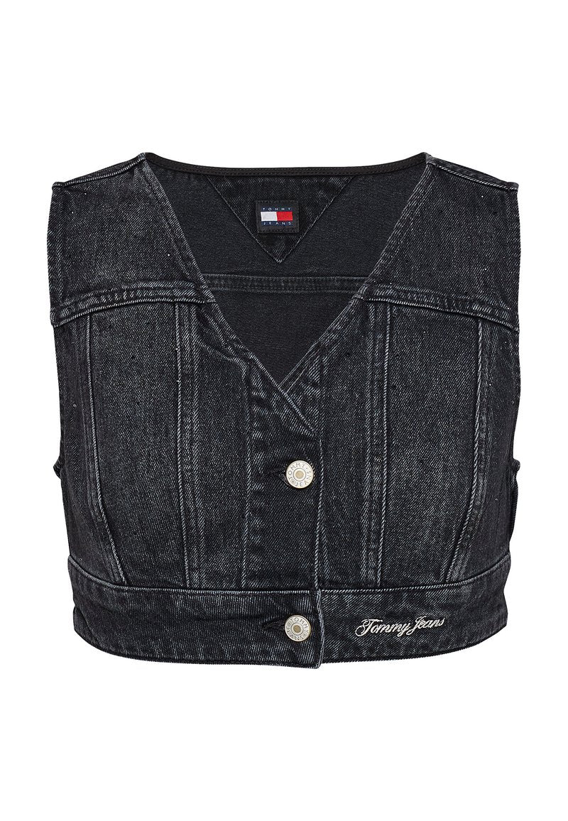 Schwarze Denim-Croppd-Weste mit V-Ausschnitt, ausgestattet mit einer Knopfleiste vorne und einem gesteppten Muster. Logodetail am Saum.