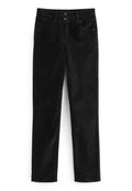 Schwarze Corduroy-Hose mit geradem Bein, Fronttaschen und doppeltem Knopfverschluss an der Taille.