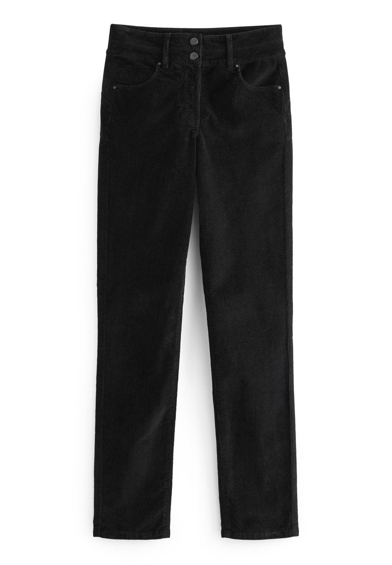 Schwarze Corduroy-Hose mit geradem Bein, Fronttaschen und doppeltem Knopfverschluss an der Taille.