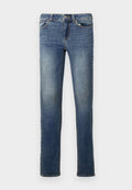 Dunkelblaue Jeans aus Denim mit geradem Bein. Mit Gürtelschlaufen, zwei Fronttaschen und dezenten Ausbleichungen. Klassisches Fünf-Taschen-Design.
