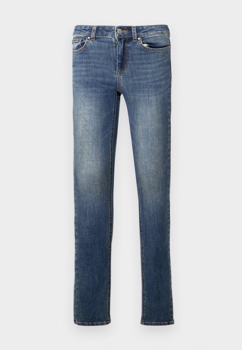 Dunkelblaue Jeans aus Denim mit geradem Bein. Mit Gürtelschlaufen, zwei Fronttaschen und dezenten Ausbleichungen. Klassisches Fünf-Taschen-Design.