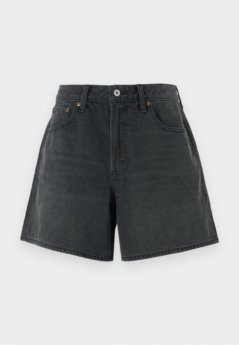 Dunkelgraue Jeansshorts mit hoher Taille, klassischem Fünf-Taschen-Design und einem sauberen, geraden Schnitt mit einer leicht verblassten Textur.