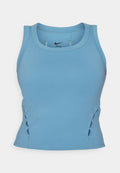 Hellblaues Sporttanktop mit figurbetontem Design, Seiten-Ausschnitten und Nike-Logo am vorderen Halsausschnitt.
