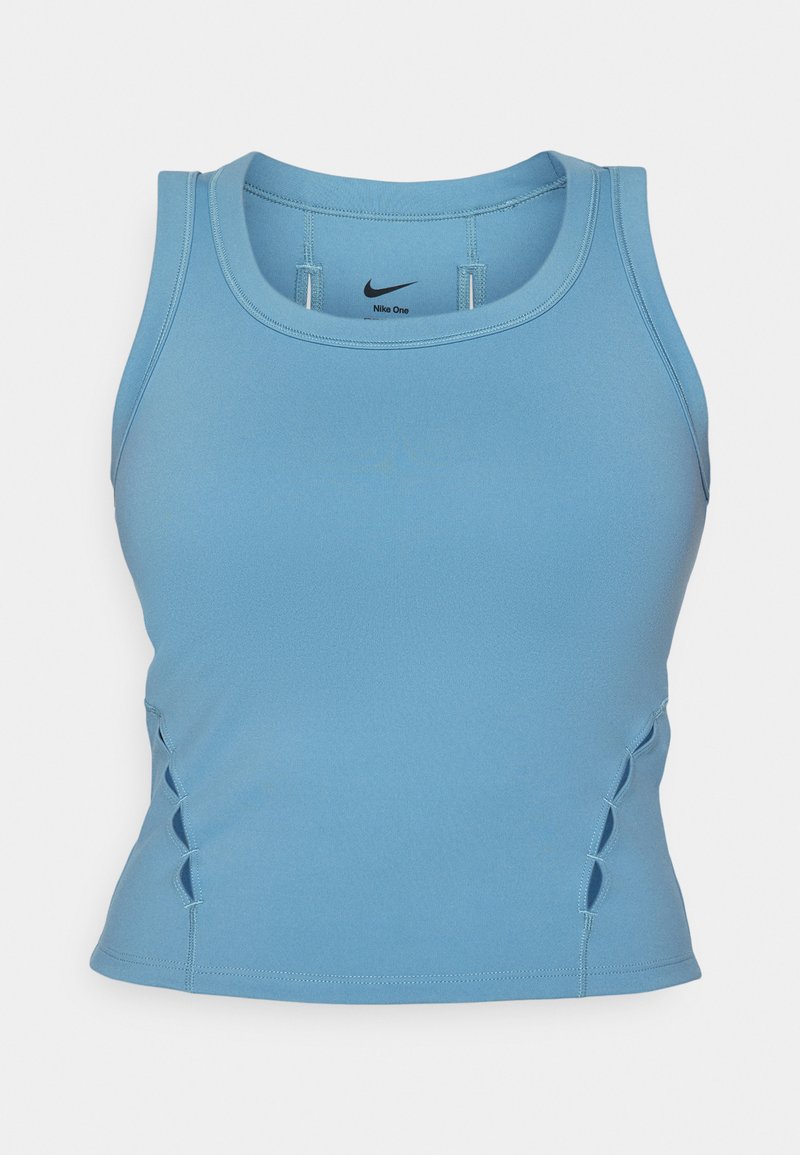 Hellblaues Sporttanktop mit figurbetontem Design, Seiten-Ausschnitten und Nike-Logo am vorderen Halsausschnitt.