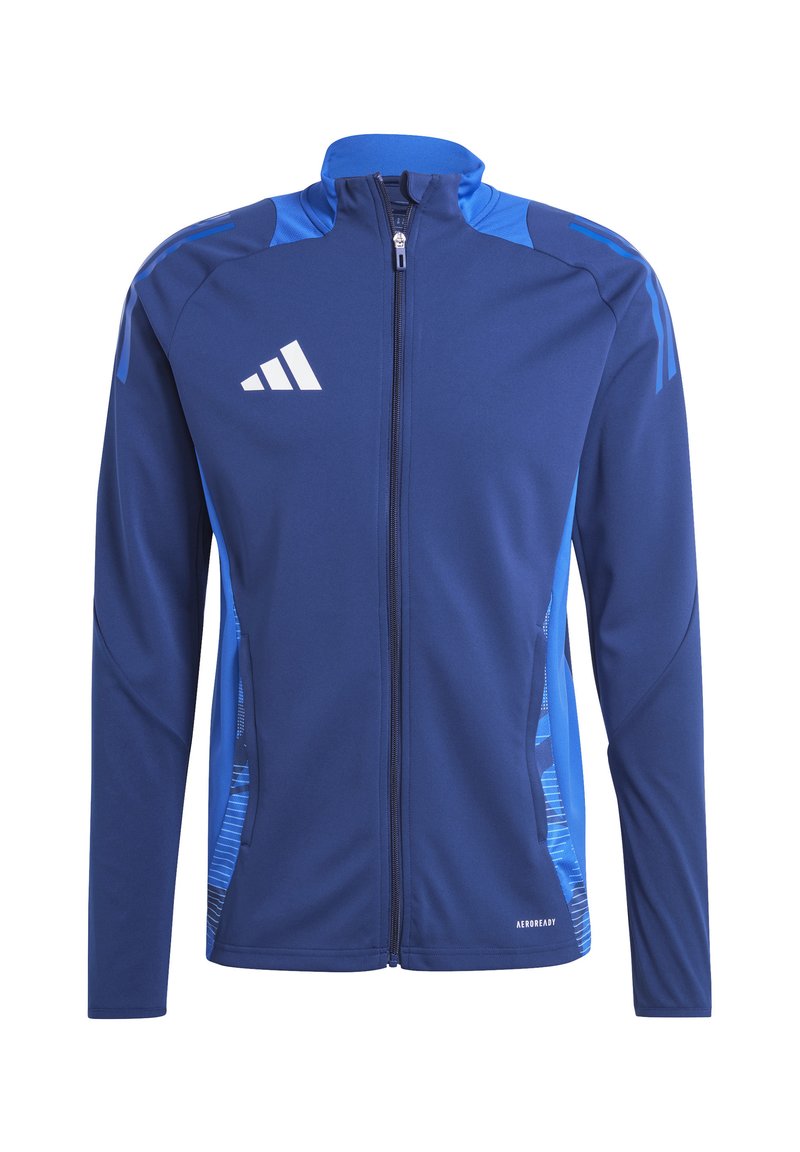 Blaues Sportjacke mit vollem Reißverschluss. Hergestellt aus glattem Material, das ein strukturiertes, blaues Muster an den Seiten hat. Adidas-Logo auf der Brust.