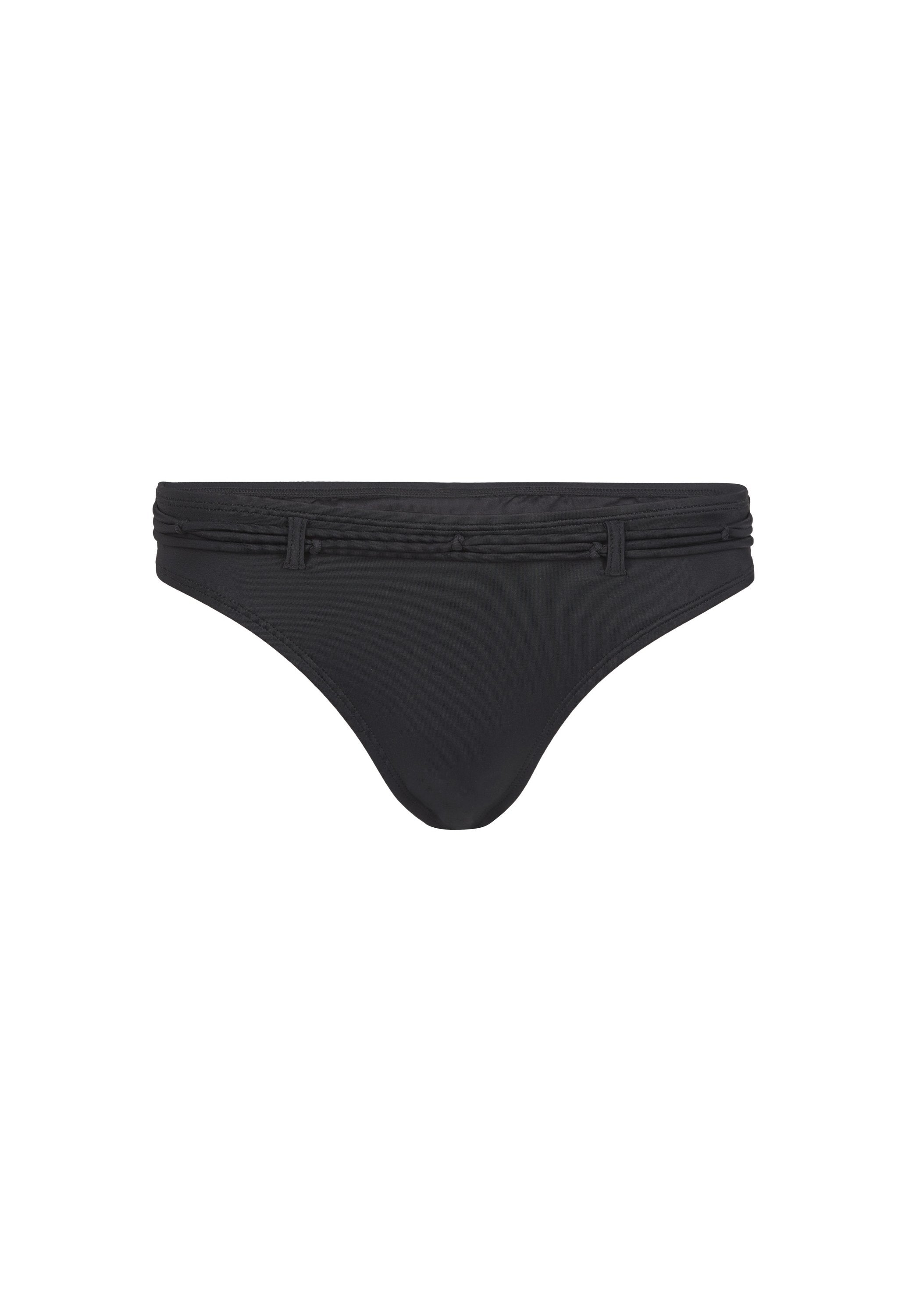 Schwarzer Bikini-Unterteil aus glattem Stoff mit einem niederen Bund, der über strukturierte Seitenelemente und einen minimalistischen Stil verfügt.
