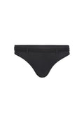 Schwarzer Bikini-Unterteil aus glattem Stoff mit einem niederen Bund, der über strukturierte Seitenelemente und einen minimalistischen Stil verfügt.