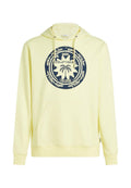 Gelber Hoodie mit großem, navyfarbenem rundem Logo mit Palmen, Kapuze mit Kordelzug, Kängurutasche, gerippten Bündchen und weicher Textur.