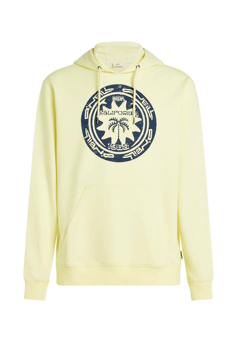 Gelber Hoodie mit großem, navyfarbenem rundem Logo mit Palmen, Kapuze mit Kordelzug, Kängurutasche, gerippten Bündchen und weicher Textur.