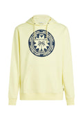 Gelber Hoodie mit großem, navyfarbenem rundem Logo mit Palmen, Kapuze mit Kordelzug, Kängurutasche, gerippten Bündchen und weicher Textur.