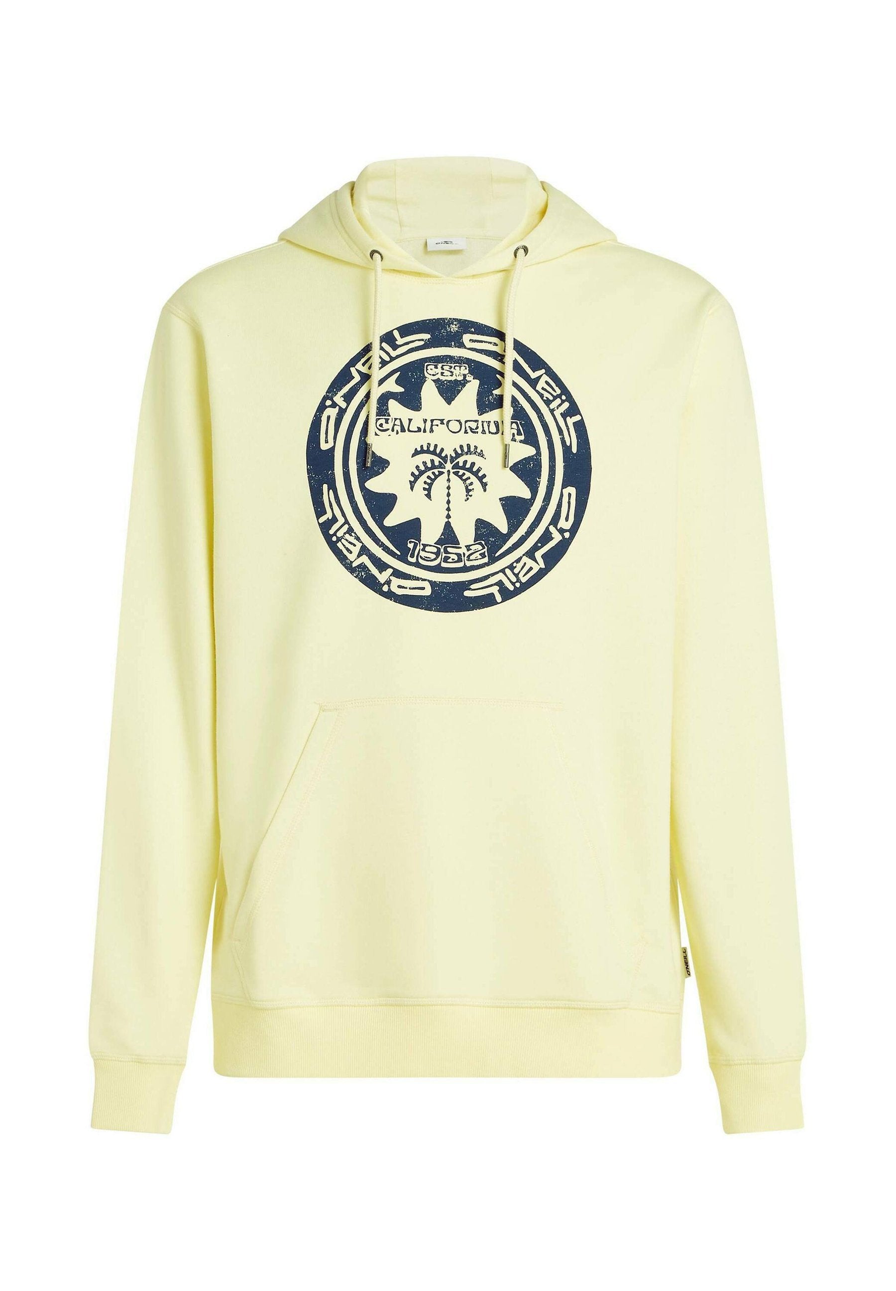 Gelber Hoodie mit großem, navyfarbenem rundem Logo mit Palmen, Kapuze mit Kordelzug, Kängurutasche, gerippten Bündchen und weicher Textur.
