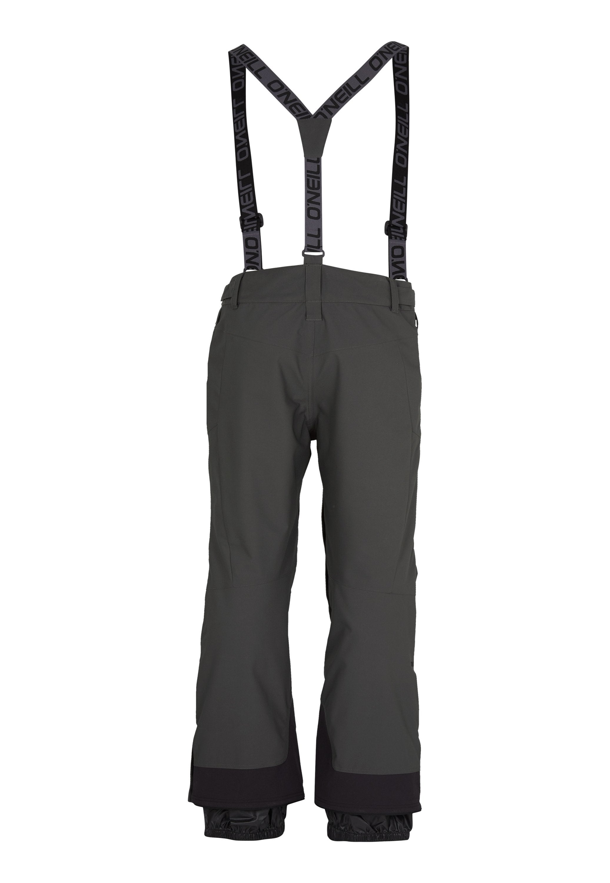 Graue Schneehose mit schwarzen verstellbaren Trägern, lockere Passform, verstärkte Säume und eine glatte Textur, entwickelt für Winteraktivitäten.