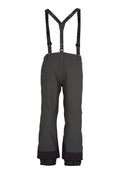 Graue Schneehose mit schwarzen verstellbaren Trägern, lockere Passform, verstärkte Säume und eine glatte Textur, entwickelt für Winteraktivitäten.