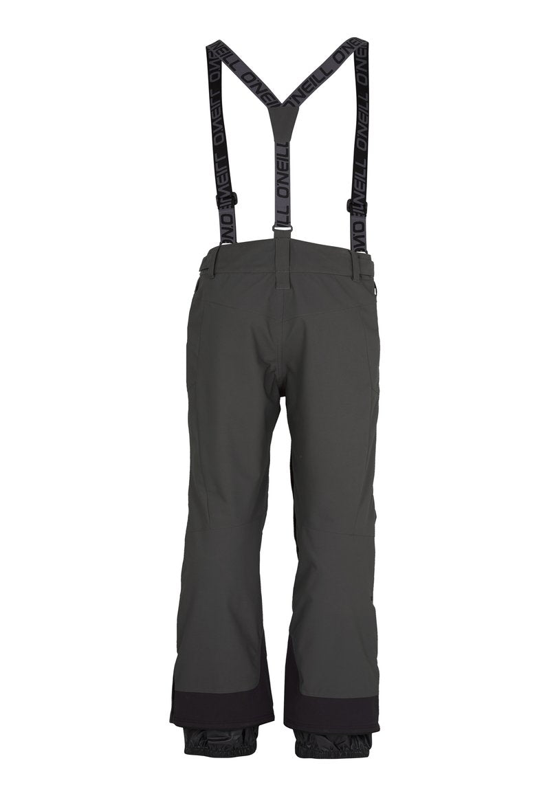 Graue Schneehose mit schwarzen verstellbaren Trägern, lockere Passform, verstärkte Säume und eine glatte Textur, entwickelt für Winteraktivitäten.