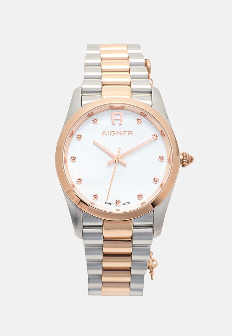 Runde silberne und roségoldene Armbanduhr mit weißem Zifferblatt, roségoldenen Markierungen und zweifarbigem Metallgliederarmband.
