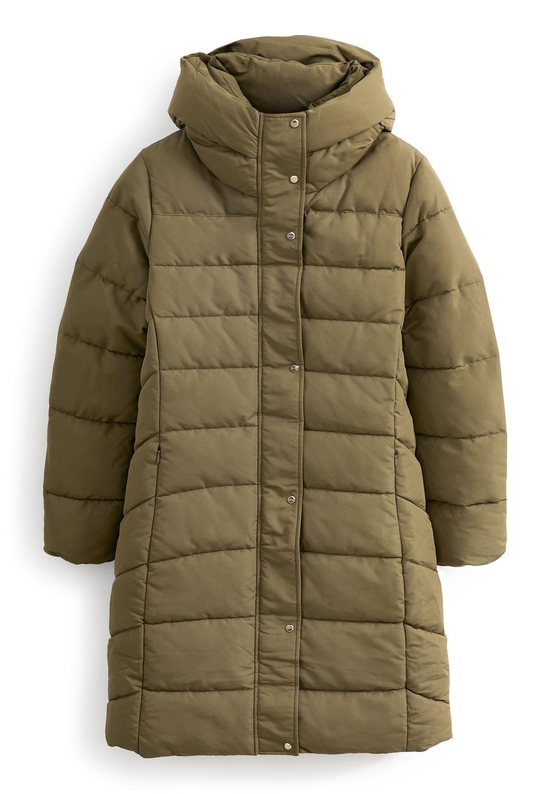 Olivgrüne gepolsterte Jacke mit Kapuze, einem gesteppten Design, Druckknopfverschluss, Seitentaschen und knielangem Schnitt.