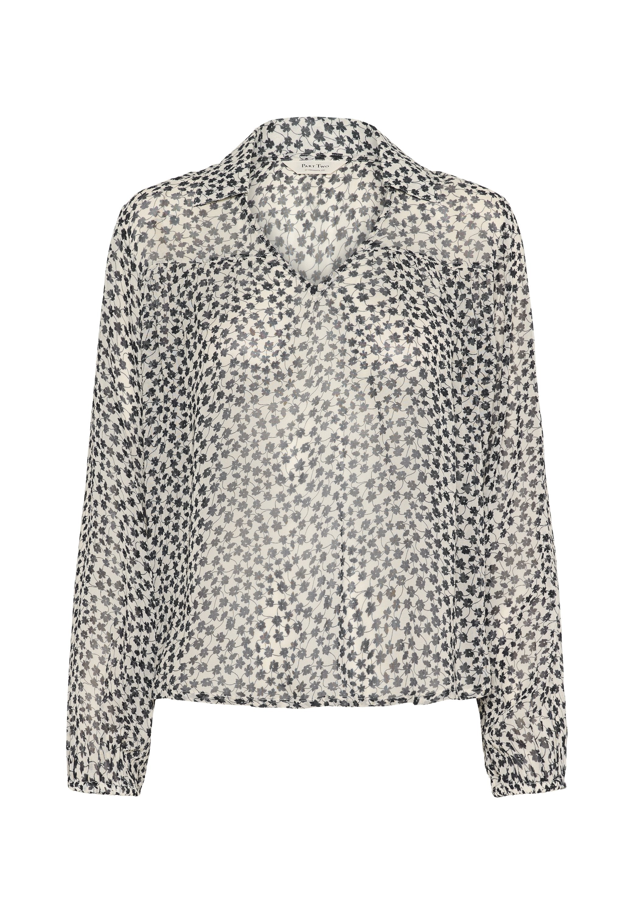 Durchsichtige Bluse mit langen Ärmeln und V-Ausschnitt. Druck von kleinen schwarzen Blumen auf einem hellen Hintergrund. Weiches Material, lässige Passform.