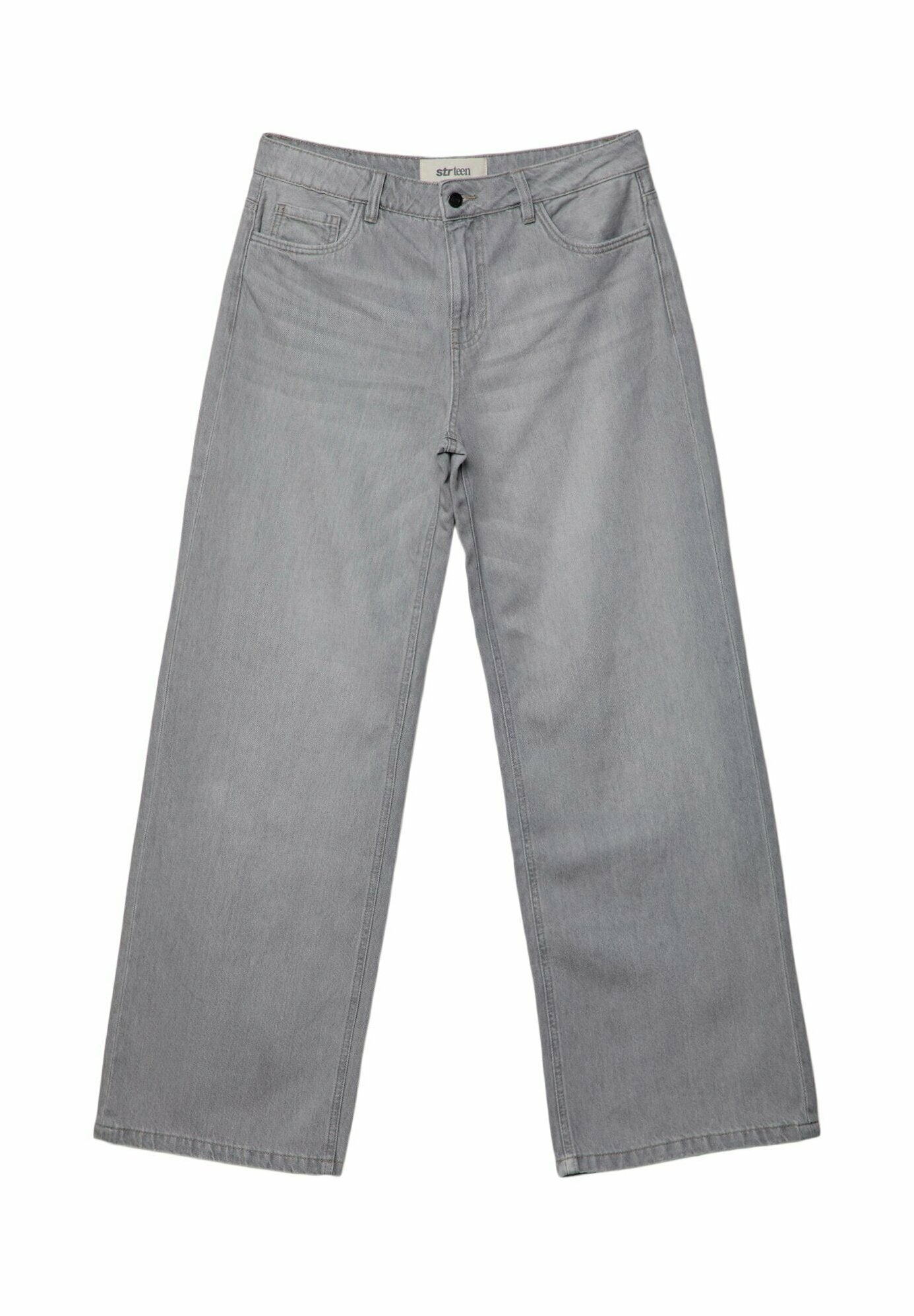 Helle graue weite Jeans aus Denim. Verfügt über einen Knopfverschluss, Vorder- und Hintertaschen sowie eine leicht verblasste Textur.