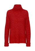 Roter Rollkragenpullover aus Strickstoff. Mit lockerer Passform, langen Ärmeln mit Rippbündchen und Rippabschluss. Texturierte Oberfläche.