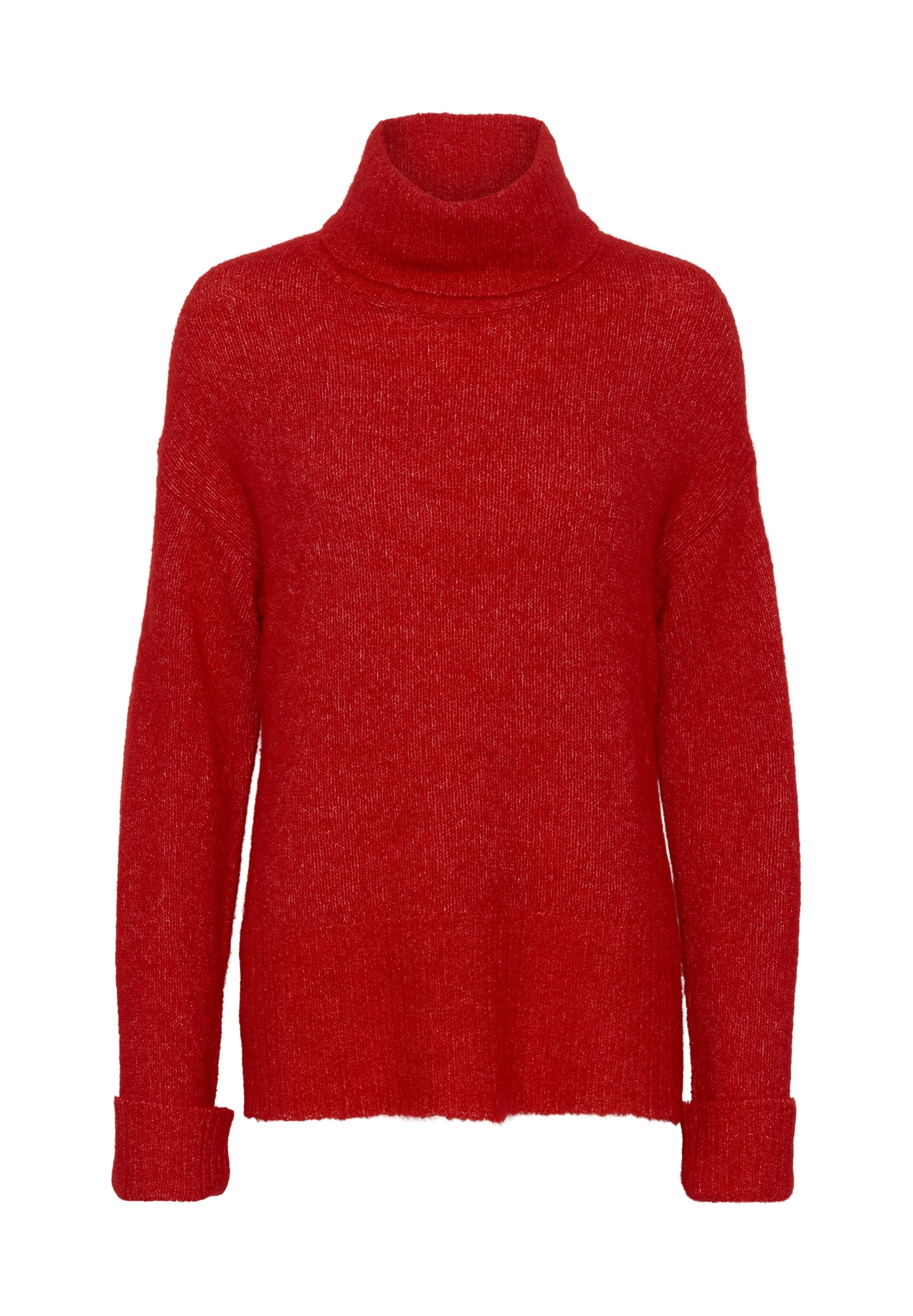 Roter Rollkragenpullover aus Strickstoff. Mit lockerer Passform, langen Ärmeln mit Rippbündchen und Rippabschluss. Texturierte Oberfläche.