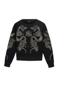 Schwarzer Pullover mit aufwändiger silberner Schlange und floralem Stickereimuster, Rundhalsausschnitt, langen Ärmeln und einem lockeren Schnitt.