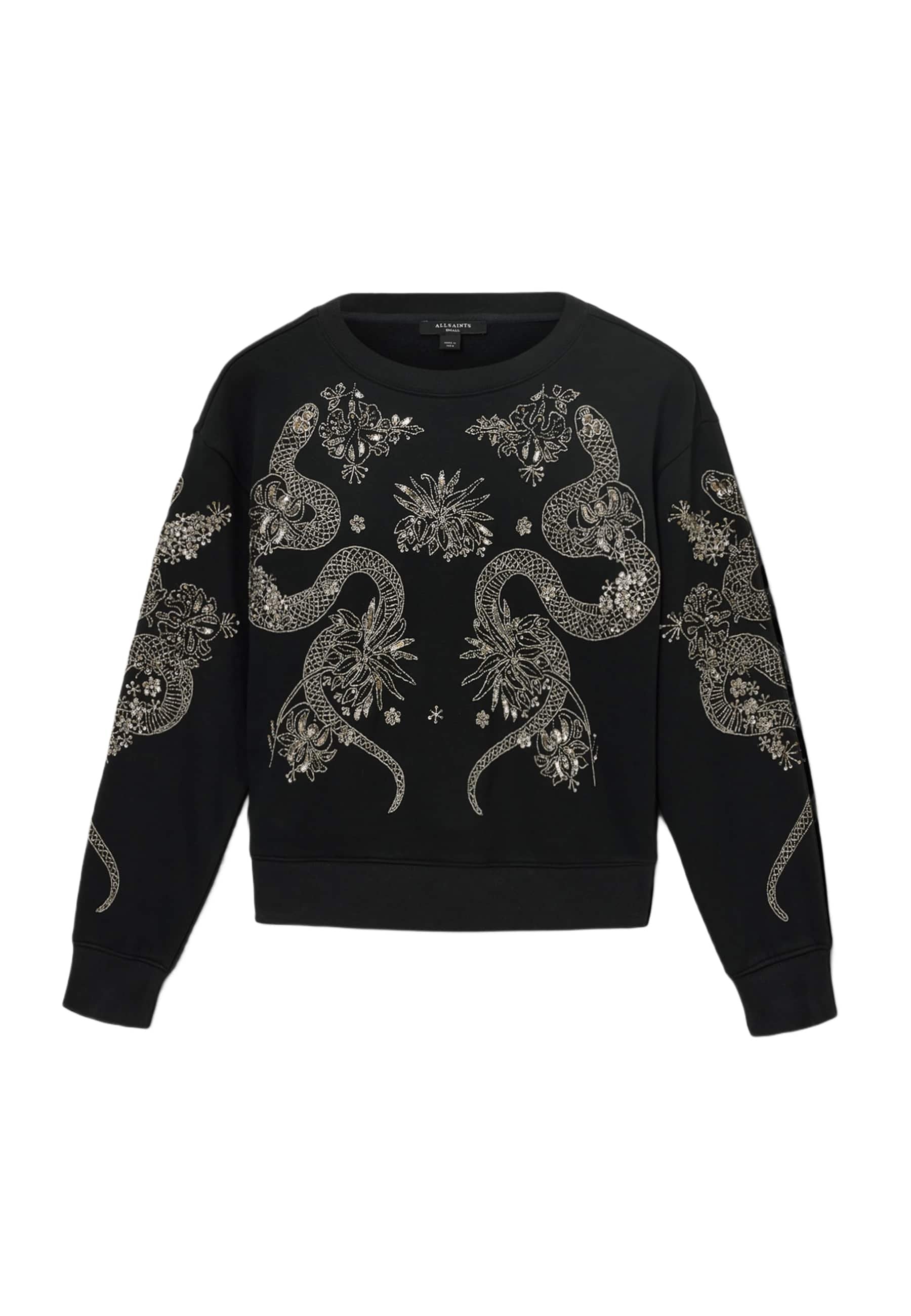 Schwarzer Pullover mit aufwändiger silberner Schlange und floralem Stickereimuster, Rundhalsausschnitt, langen Ärmeln und einem lockeren Schnitt.