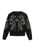 Schwarzer Pullover mit aufwändiger silberner Schlange und floralem Stickereimuster, Rundhalsausschnitt, langen Ärmeln und einem lockeren Schnitt.
