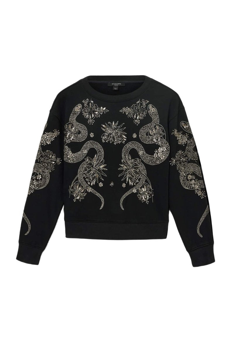 Schwarzer Pullover mit aufwändiger silberner Schlange und floralem Stickereimuster, Rundhalsausschnitt, langen Ärmeln und einem lockeren Schnitt.