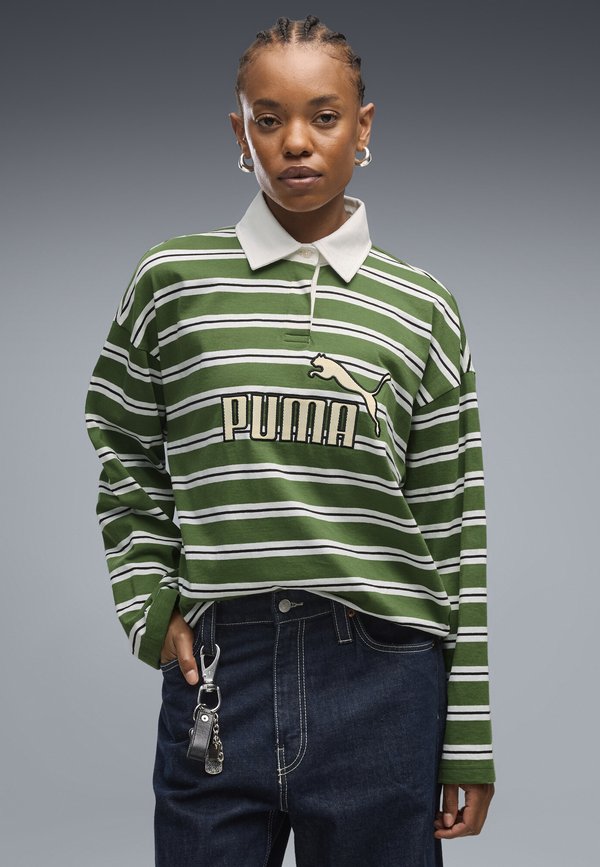 Puma ESSENTIALS ELEVATED NO.1 LOGO OVERSIZED RUGBY POLO - Polo shirt - earthy green-striped