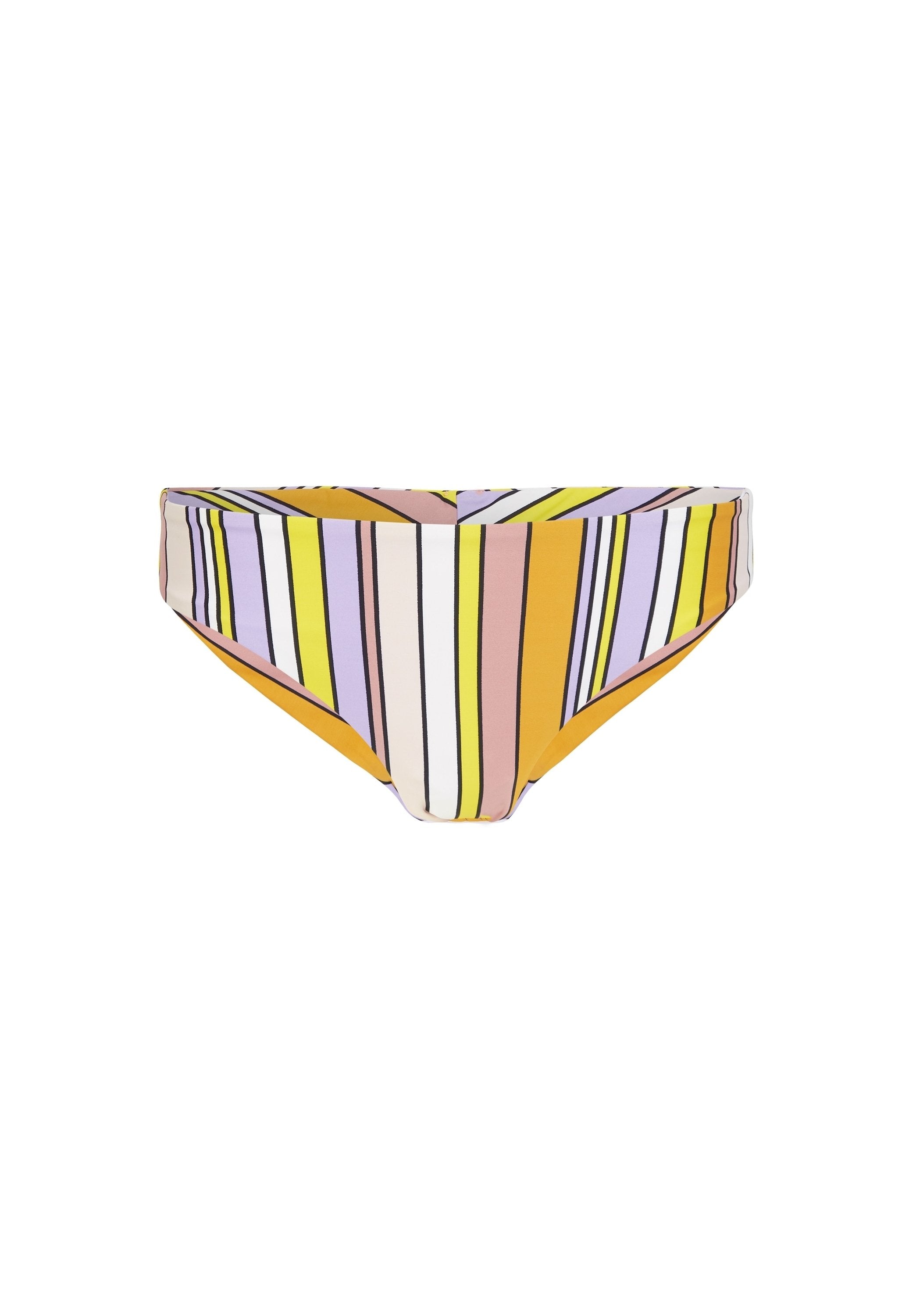 Gestreifte Bikinihose in Gelb, Lila und Orange. Hergestellt aus dehnbarem Material mit einem niedrigen Bund und seitlicher Abdeckung. Vertikale Streifen über das gesamte Design.