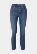 Dunkelblaue Denim-Jeans mit hoher Taille, fünfknöpfigem Verschluss und leichten Ausbleichungen. Slim Fit mit normalen Taschen und geradem Bein Design.