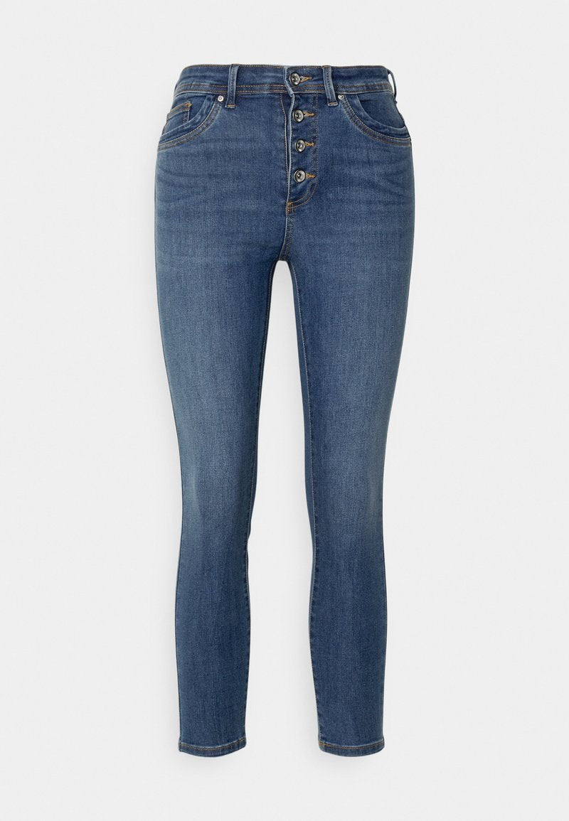 Dunkelblaue Denim-Jeans mit hoher Taille, fünfknöpfigem Verschluss und leichten Ausbleichungen. Slim Fit mit normalen Taschen und geradem Bein Design.