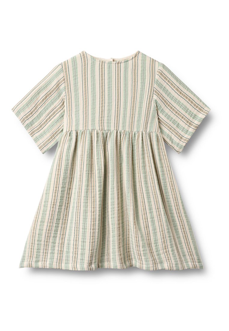 Baumwollkleid mit kurzen Ärmeln, das horizontale Streifen in Grün und Beige aufweist. Glockenförmiger Rock und runder Ausschnitt mit einer Knopfleiste am Rücken.