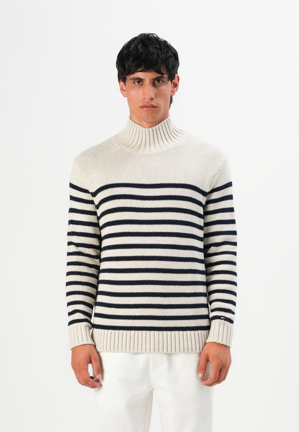 Tommy Hilfiger STRIPE MOCK NECK UNISEX - Jumper - oatmilk/desert sky