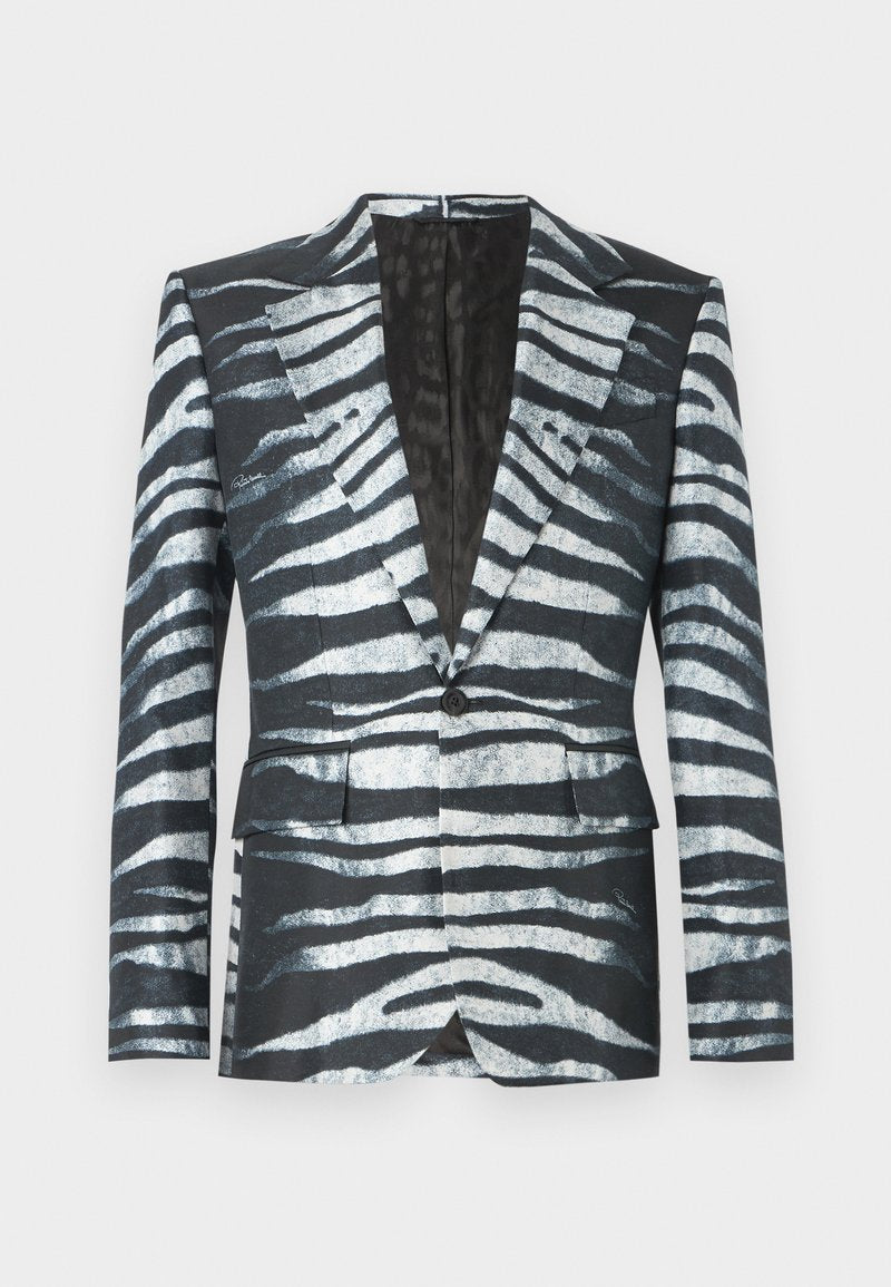 Schwarzer Blazer mit einem Zebra-Streifenmuster in Weiß und Grau, Ein-Knopf-Verschluss, zwei vorderen Taschen und einem Kontrastfutter.