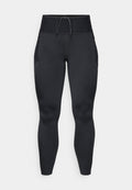 Schwarze Sportleggings mit hoch geschnittenem Bund, Kordelzugverschluss und Seitentaschen. Glatte Textur mit körpernahem Schnitt.