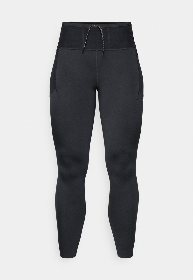 Schwarze Sportleggings mit hoch geschnittenem Bund, Kordelzugverschluss und Seitentaschen. Glatte Textur mit körpernahem Schnitt.