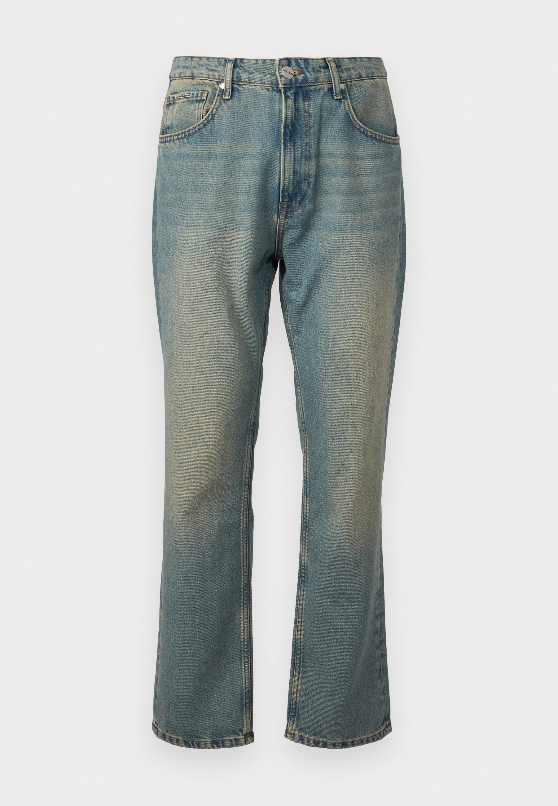 Ausgebleichte blaue Denim-Jeans mit geradem Bein, fünf Taschen und einem Knopfverschluss. Hat subtile hellere Waschdetails.