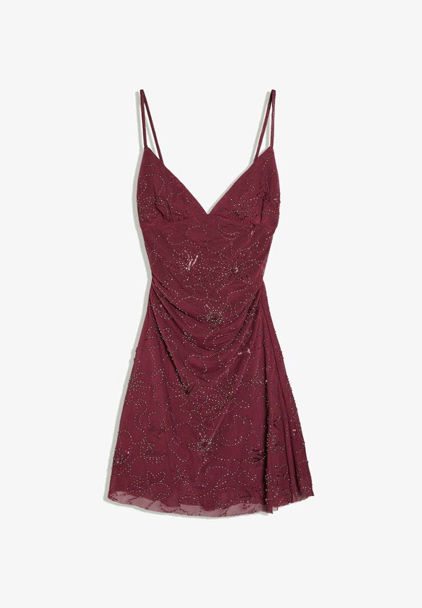 Bershka BEADED MESH - MINI DRESS - Cocktail dress / Party dress - dark red