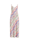 Ein buntes, ärmelloses Kleid mit einem diagonalen Batikmuster in den Farben Rosa, Grün, Blau und Weiß, mit dünnen Trägern.