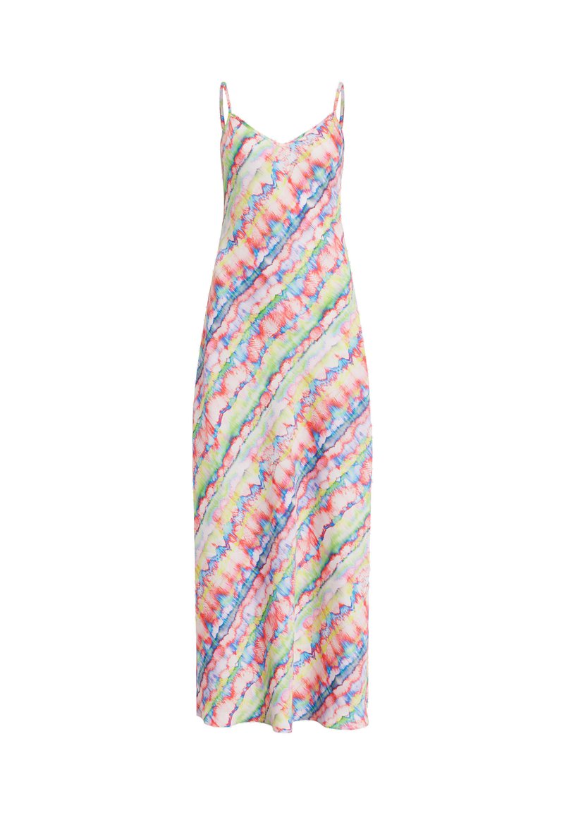 Ein buntes, ärmelloses Kleid mit einem diagonalen Batikmuster in den Farben Rosa, Grün, Blau und Weiß, mit dünnen Trägern.