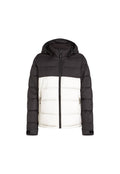 Puff-Jacke mit schwarzem Oberteil und weißem Unterteil, mit einem Reißverschluss vorne, Kapuze und seitlichen Taschen. Glatte Stoffoberfläche.