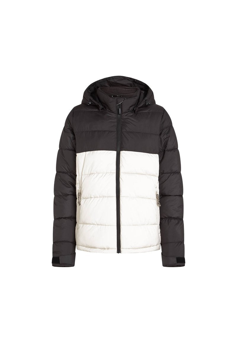 Puff-Jacke mit schwarzem Oberteil und weißem Unterteil, mit einem Reißverschluss vorne, Kapuze und seitlichen Taschen. Glatte Stoffoberfläche.