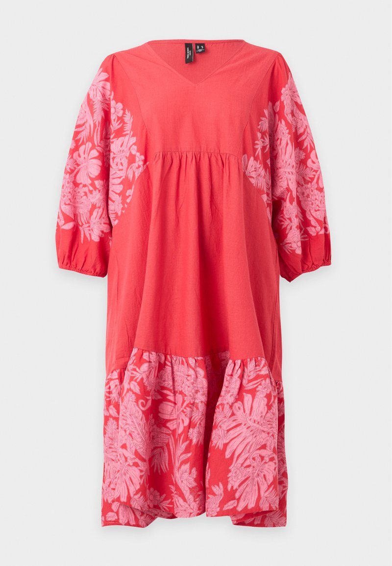 Rotes Kleid mit rosa Blumenmustern an Ärmeln und Saum, V-Ausschnitt und taillierter Passform mit 3/4-aufgebauschten Ärmeln und elastischen Bündchen.