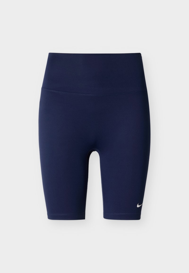 Marineblaue Sportshorts aus dehnbarem Stoff, mit einem hohen Bund und einem kleinen weißen Nike-Logo am unteren linken Bein.