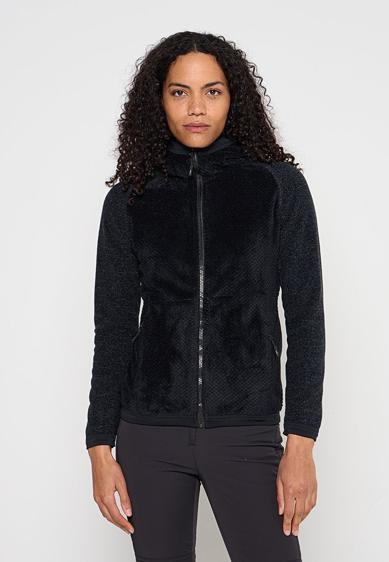 Schwarze Fleecejacke mit Reißverschluss vorne, strukturiertem Körper und glatten Ärmeln. Verfügt über einen hohen Kragen und eine eng anliegende Passform, ideal zum Schichten.