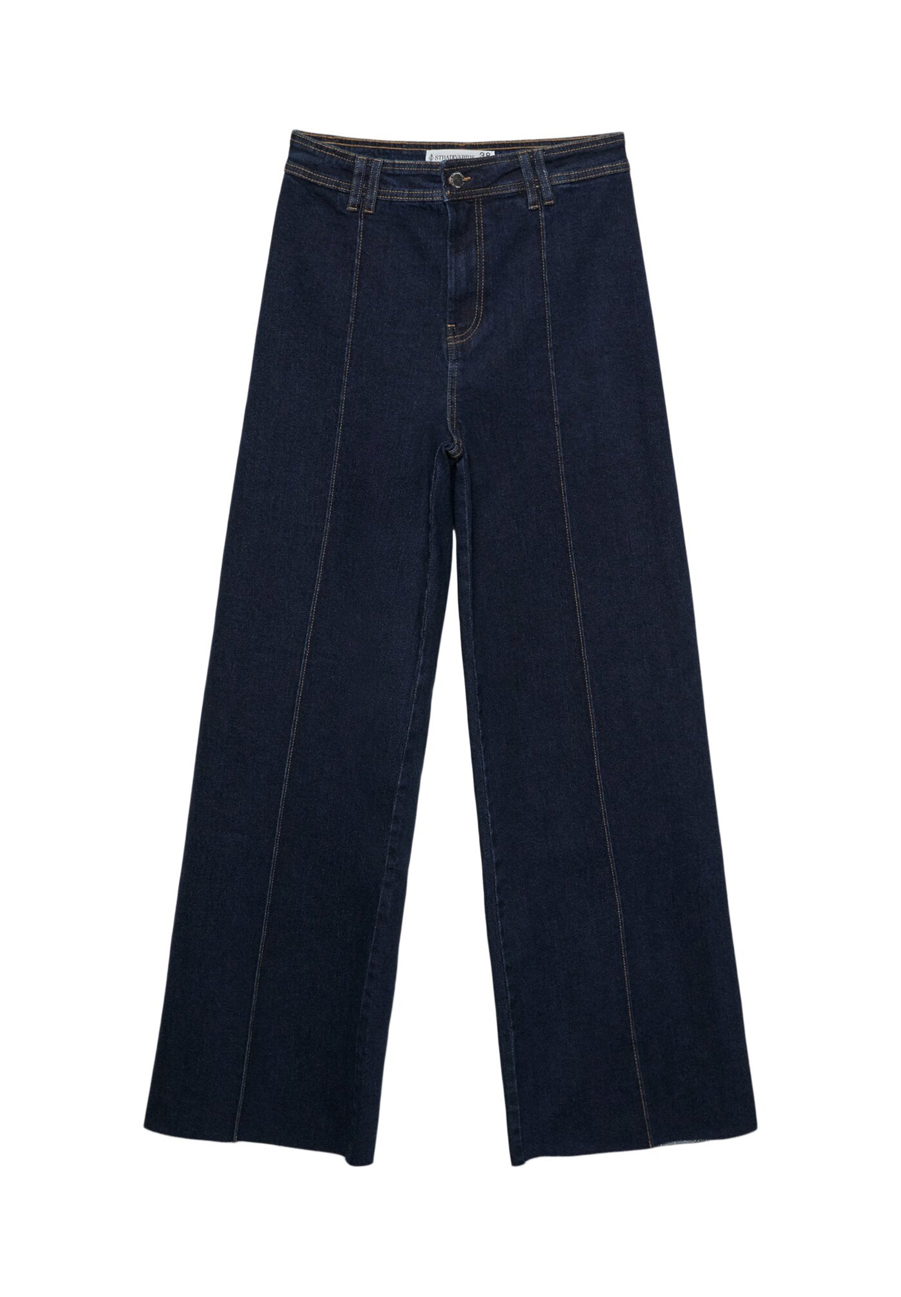 Weite dunkle Jeanshose mit Kontrastnähten, hoher Taille und geradem Schnitt. Verfügt über Fronttaschen und einen klassischen Knopfverschluss.